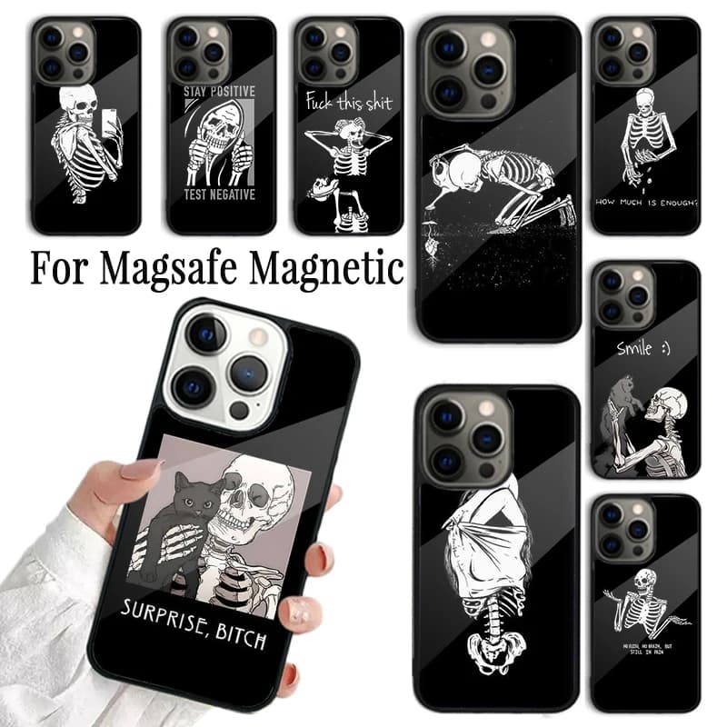Cover per iPhone 17 AIR 16 15 14 13 12 11 Pro Max Plus con meme divertente a tema scheletro, custodia magnetica wireless Magsafe