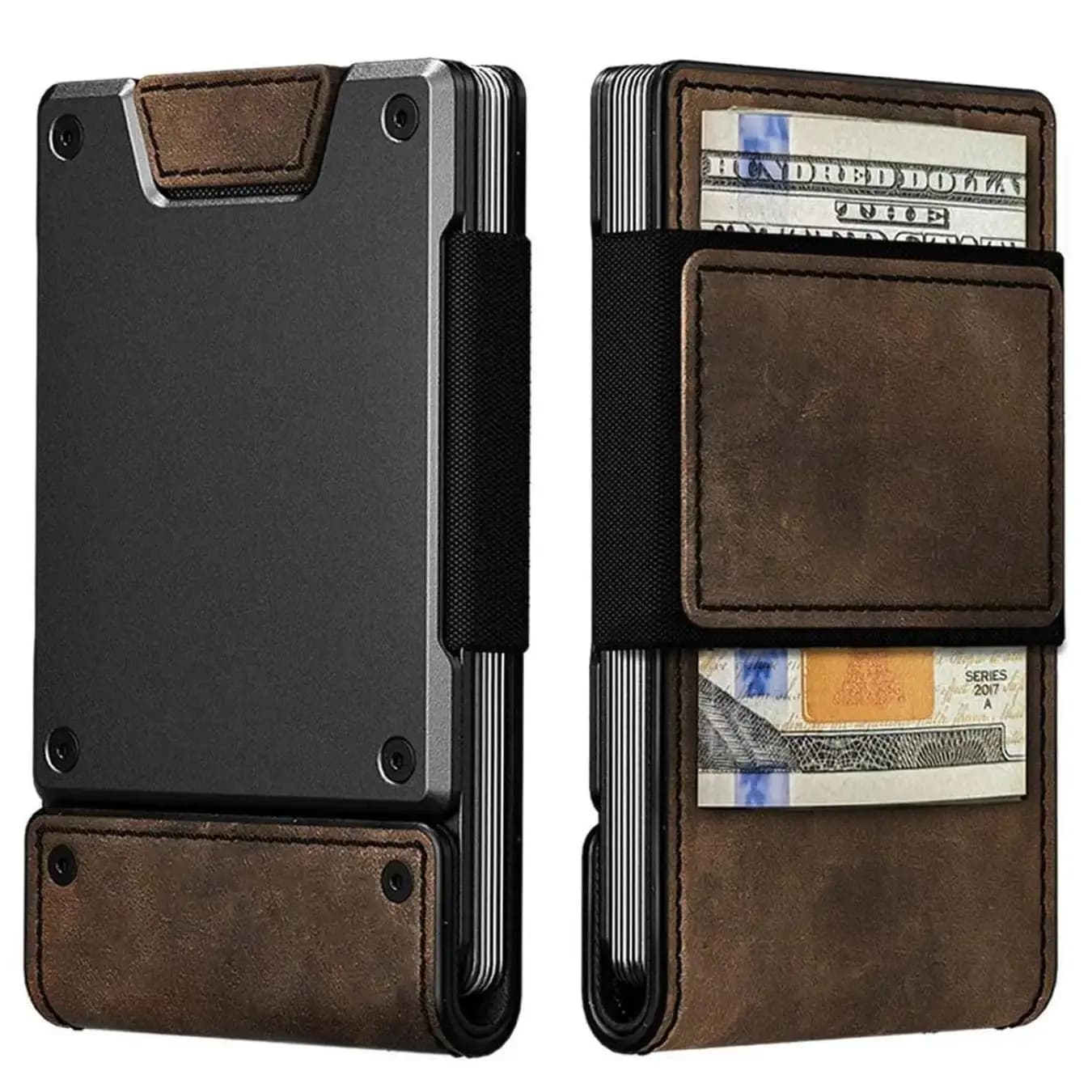 Portafoglio in pelle di lusso Portafoglio da uomo Porta carte con blocco RFID con apertura e chiusura Portafoglio estraibile per uomo Portafoglio in metallo