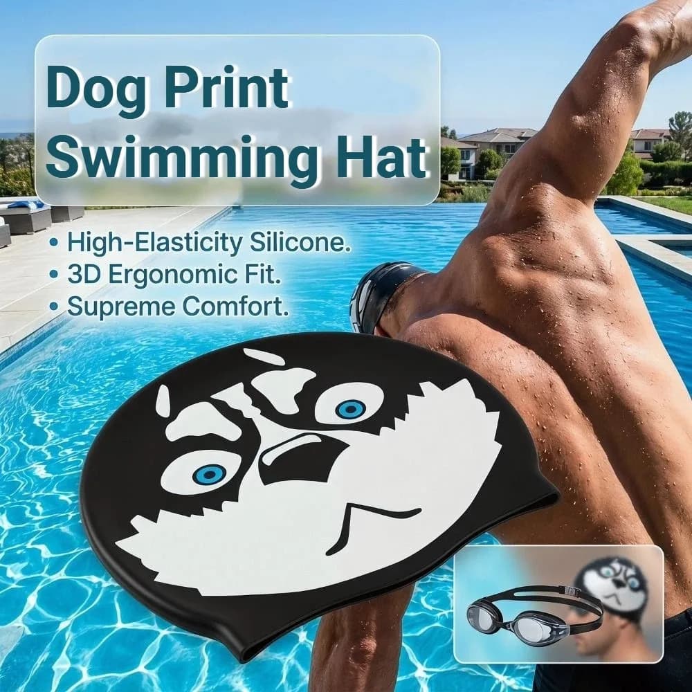Mens Pool Cap Dog Pattern Silicone Waterproof Elastic Fit Swim Headwear For Adult Male Teen Dad Boyfriend Short Medium Hair