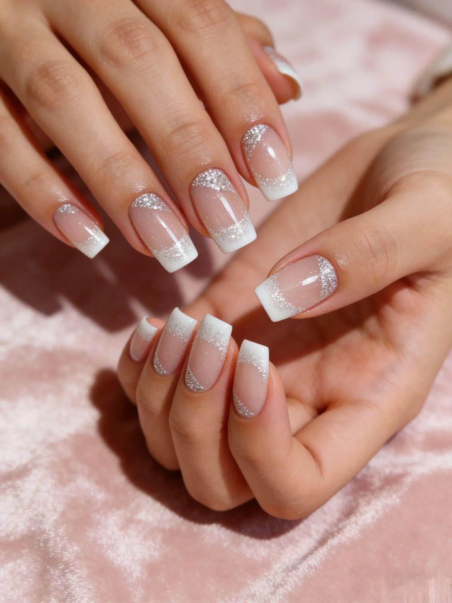 24 Pieces Fins Squares Medium Court, Artificial Nails Sparkling Bianches, Silver Fin Nails French Style Cover Total, Nail Tips Press-on