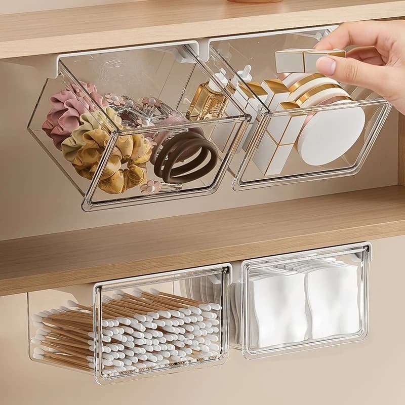 Drawer holder box under mirror cabinet, transparent wall holder, cosmetic holder