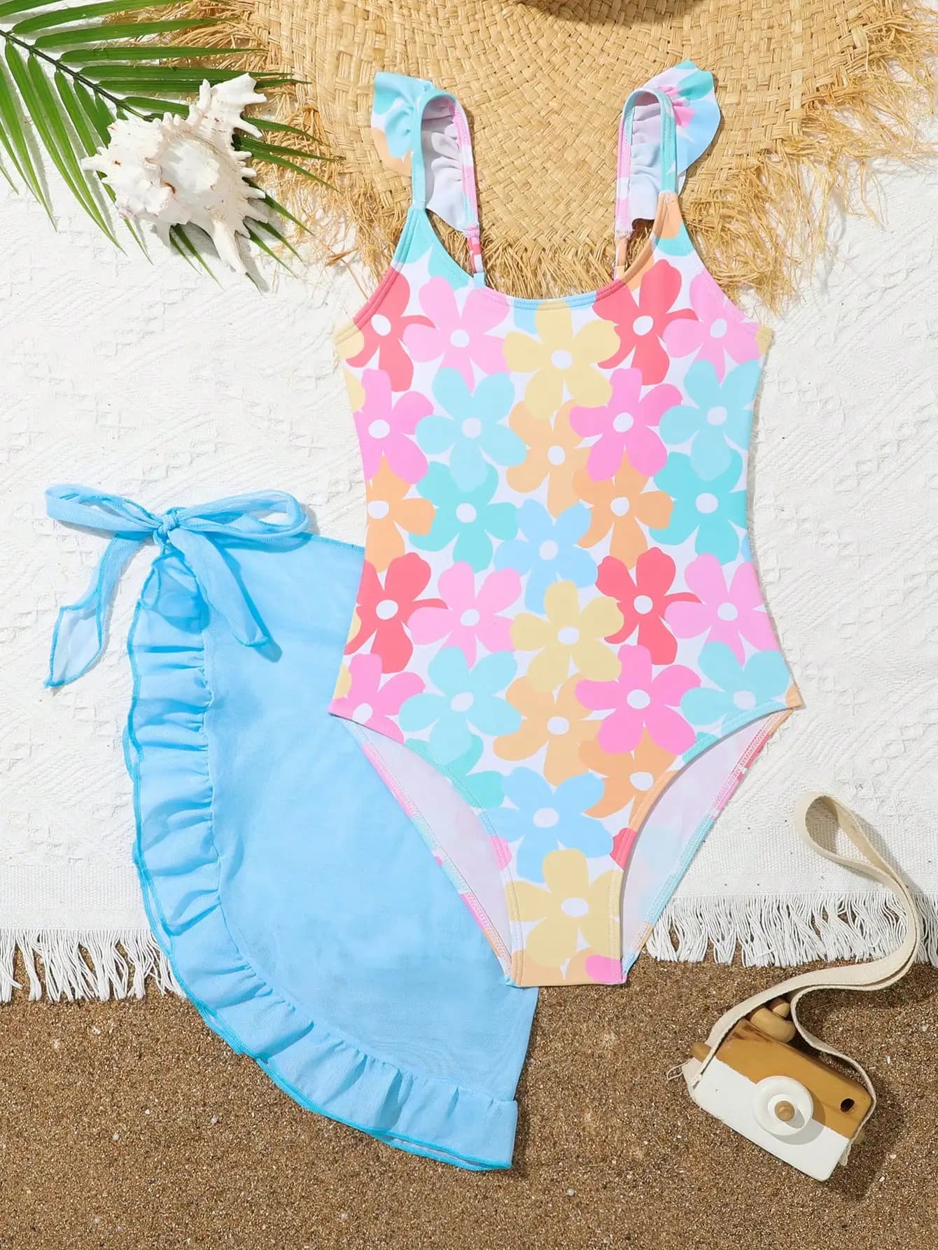 Costume da bagno intero da donna con stampa floreale colorata e gonna con volant