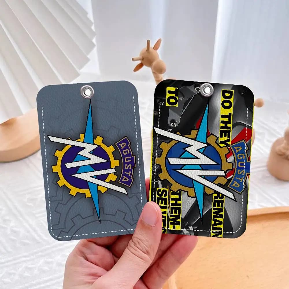 M-MV A-Agusta Rectangle ID Card Case Keychain Access Card Bag Key Tag Ring Leather Card Holder Key Ring Access