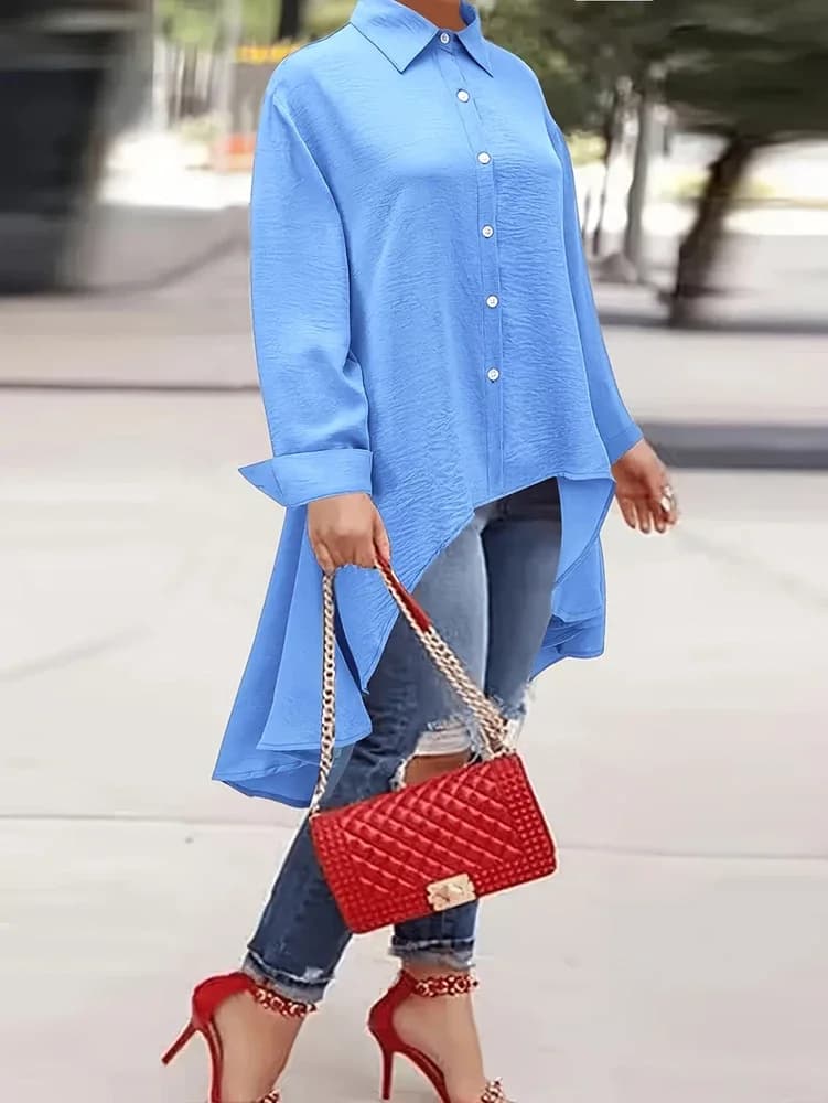 Taglie forti 2025 Primavera Estate Nuove donne Tinta unita monopetto Risvolto Top Camicia casual ampia a maniche lunghe