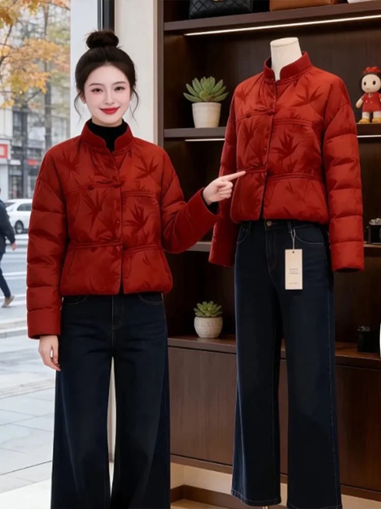 Red New Year Chinese Style Women's Cotton Jacket with Bamboo Leaf Embroidery And Button Loose Fit Long Sleeve Stand Collar