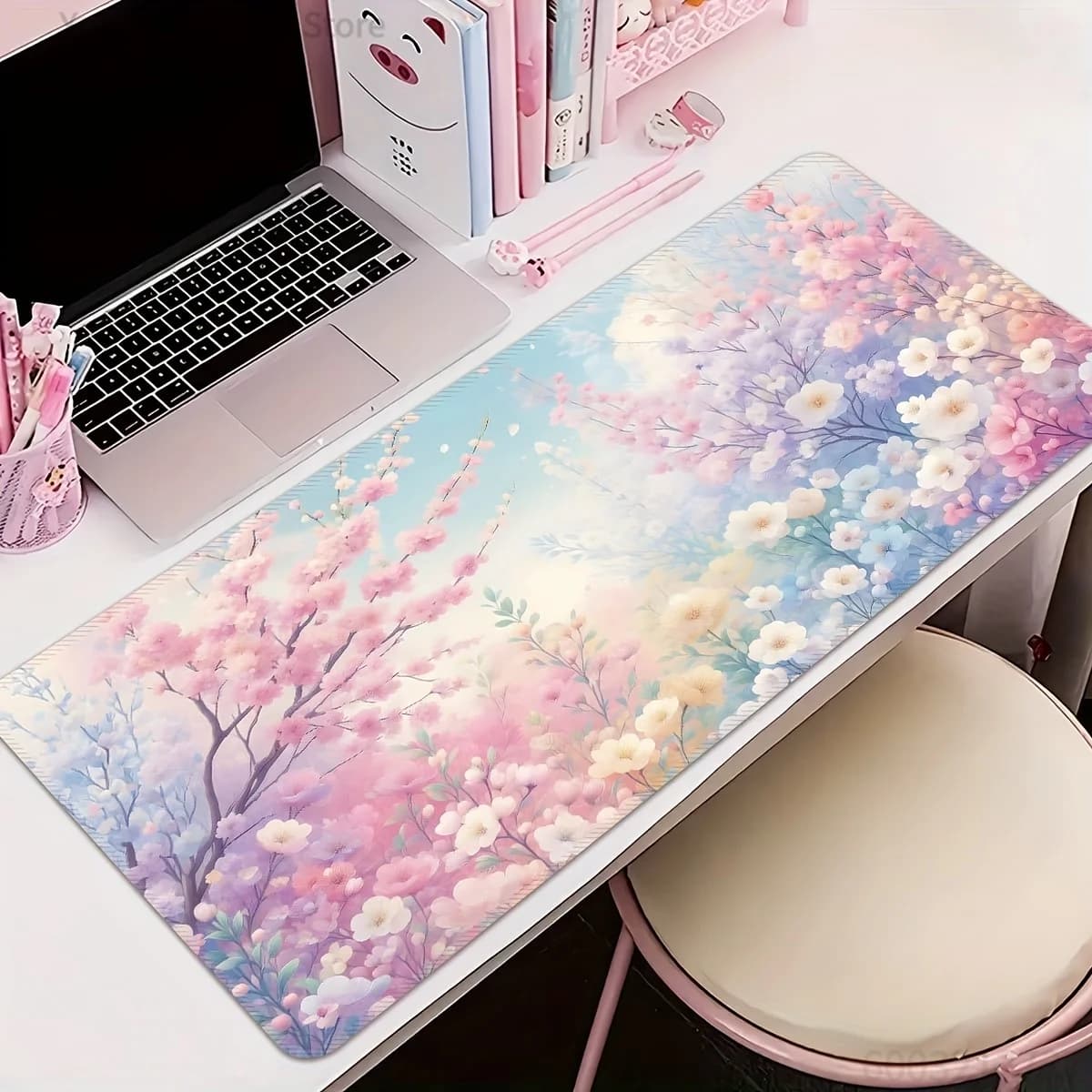 1PC Cute Pastel Cherry Blossom Floral Large Lock Edge Mouse Pad Non-Slip Desk Mat for Gaming Office