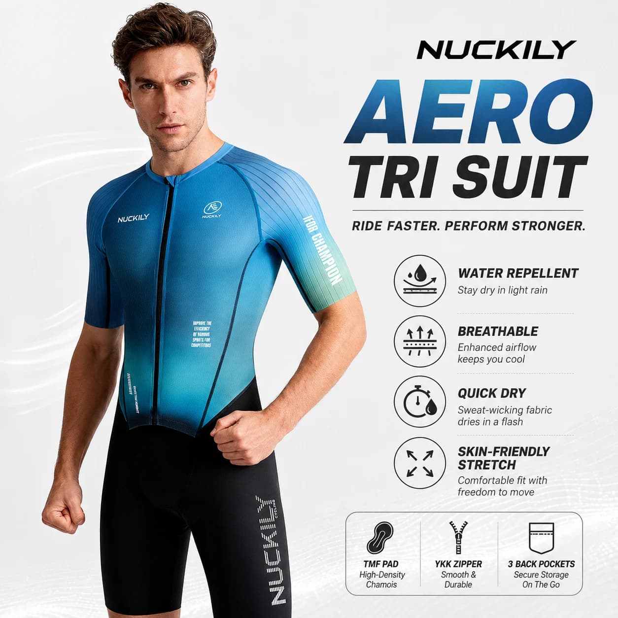 Tuta da Triathlon NUCKILY per Uomo, Manica Corta Aerodinamica, Asciugatura Rapida, Traspirante, Imbottita, Monopezzo per Nuoto, Ciclismo e Corsa