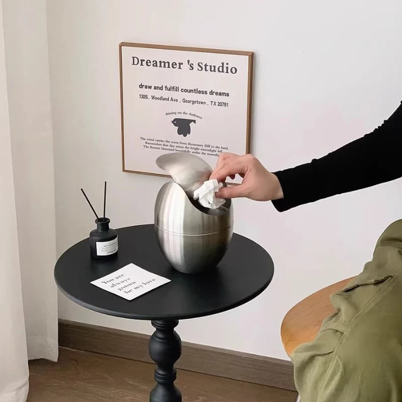 Cestino per Rifiuti in Acciaio Inossidabile Stile Ins, Contenitore a Forma di Uovo, Mini Bidone da Scrivania per Ufficio, Decorazione Creativa per la Casa