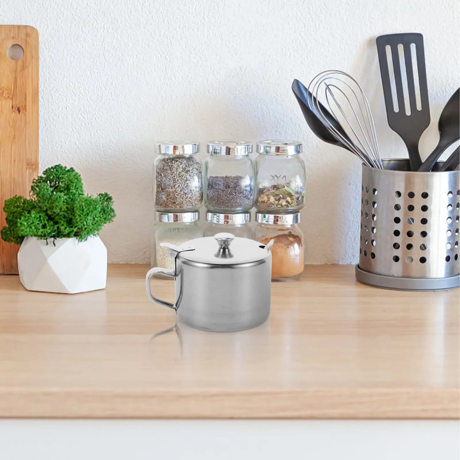 Stainless Steel Seasoning Jar Set Round Shape Compact Size with Spoon for Sugar Salt Pepper Spice Container Kitchen Condiment