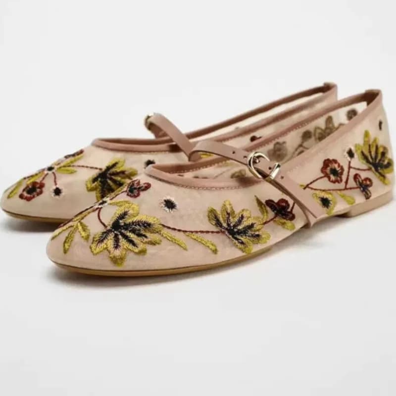 New Mesh Breathable Ballet Flats Women Luxury Designer Embroidered Flower Mary Jane Shoes Light Comfort Low Heeled Summer Flats