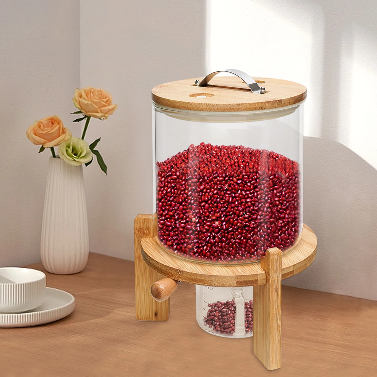 NUOVO Dispenser di riso da 5 litri Contenitore per cereali Conservazione di cereali Bottiglia di vetro per alimenti secchi con valvola per l'organizzazione della dispensa e il vetro di stoccaggio