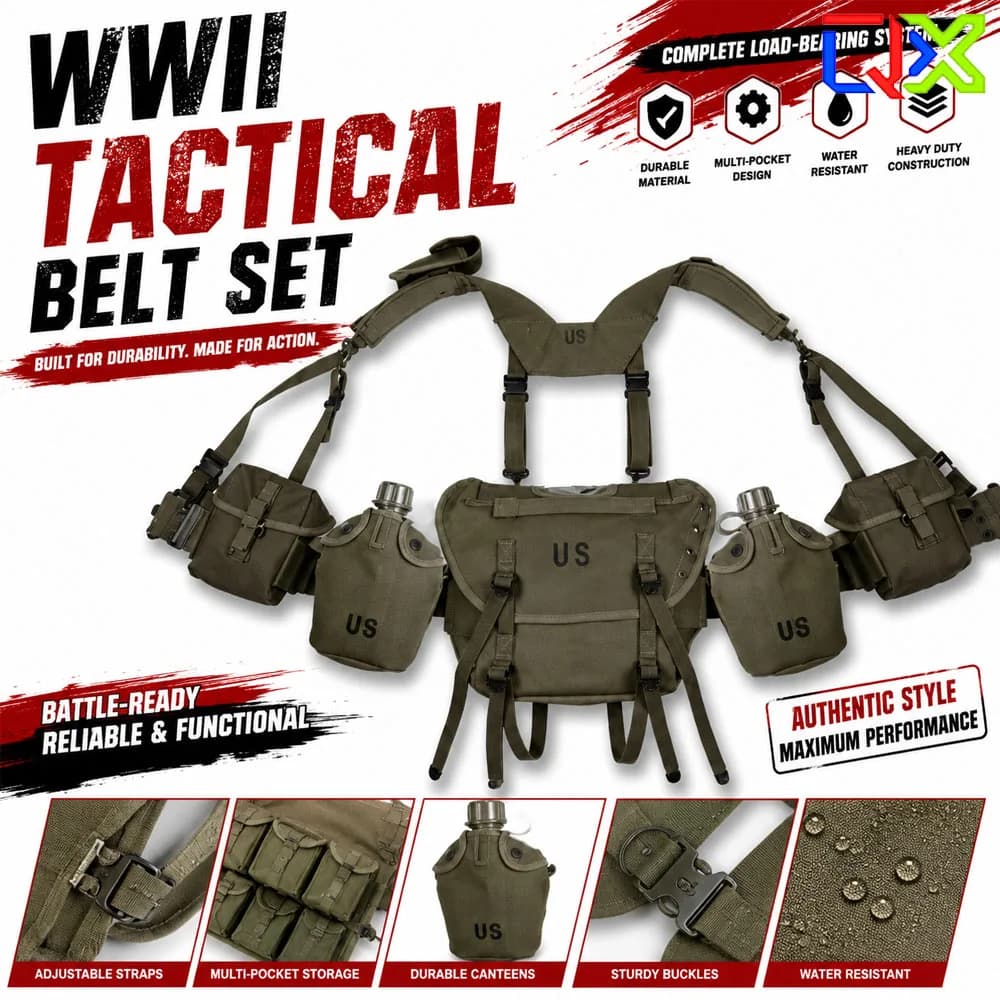 QX WWII Tactical Belt Set Canvas Suspenders Shoulder Bag Magazine Pouch First Aid Kit Water Bottle Holder Military Style Gear