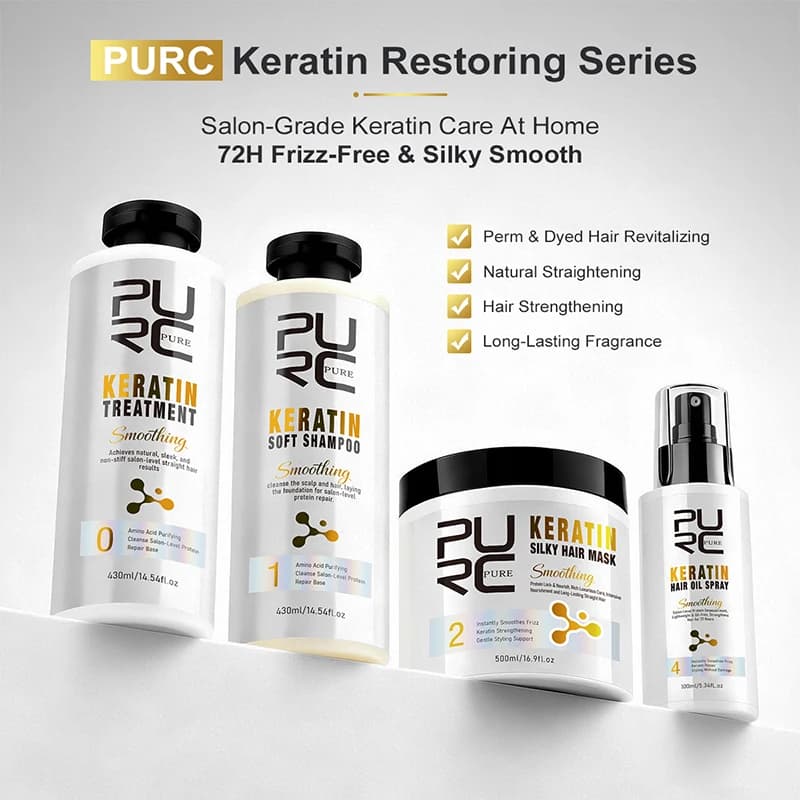 Set Trattamento Capelli PURC con Cheratina: Shampoo Lisciante, Maschera Nutriente, Crema Riparatrice per Capelli Danneggiati e Crespi