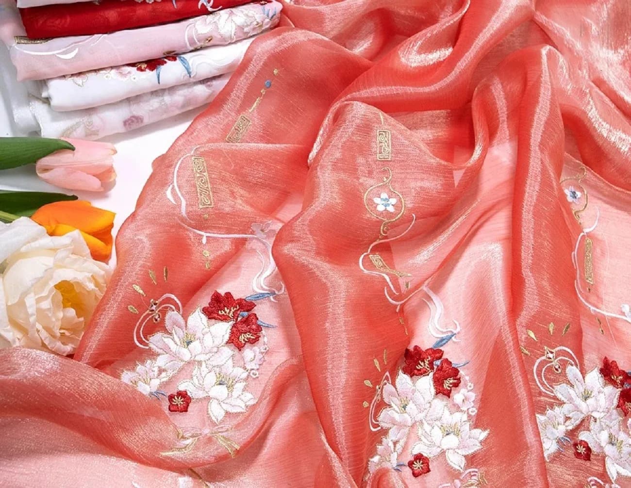 Peony, Camellia, Embroidery Fabric, Hanfu Ancient Style, Summer Robe Skirt, Children's Clothing, Baby Clothing Fabric