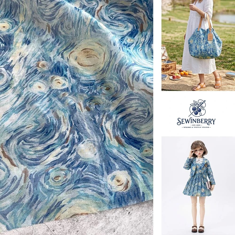Van Gogh Starry Night Blue Sheer Linen Polyester Fabric Jacquard Dress Material 50x145cm For Fat Quarter Patchwork DIY Sewing