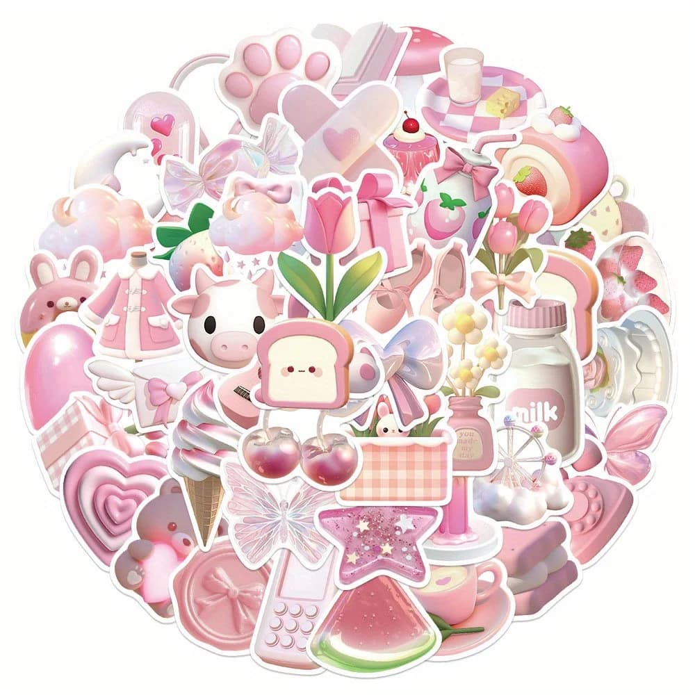 50 Pezzi Adesivi 3D Estetici Rosa Creativi per Graffiti, Decorativi per Valigie, Bottiglie d'Acqua, Quaderni, Skateboard, Autoadesivi
