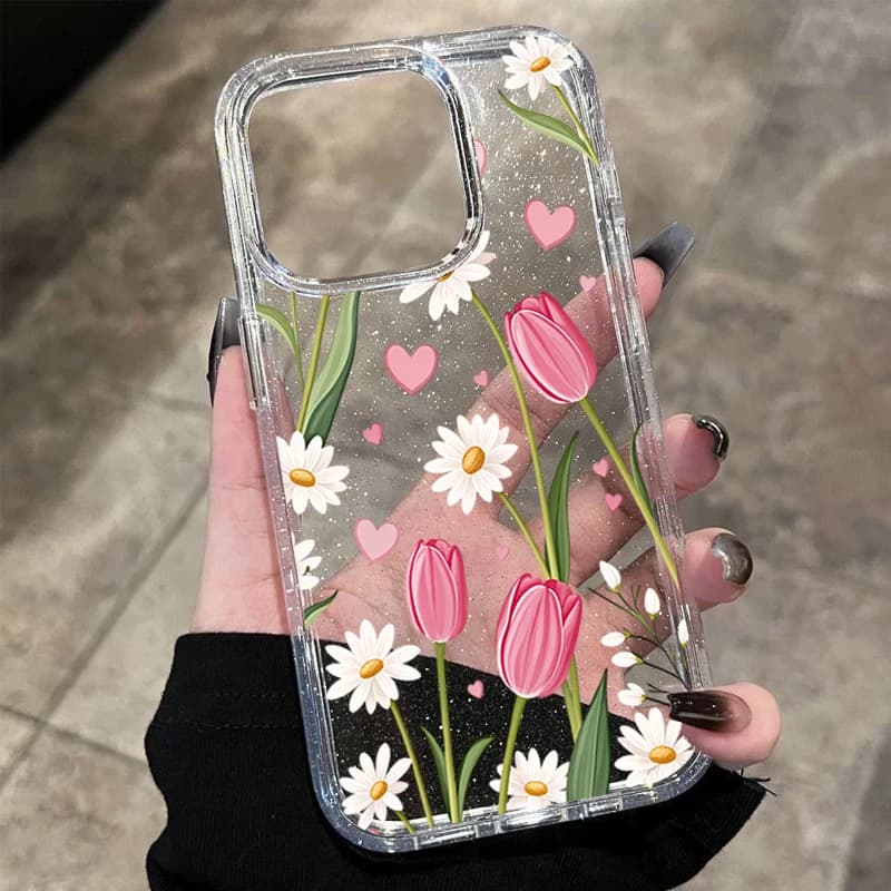 Pink Tulip White Daisy Phone Case For iPhone 17 Pro Max Air 17E 16E 16 15 14 13 12 11 7 8 Plus XS X XR Glitter Clear Soft Cover