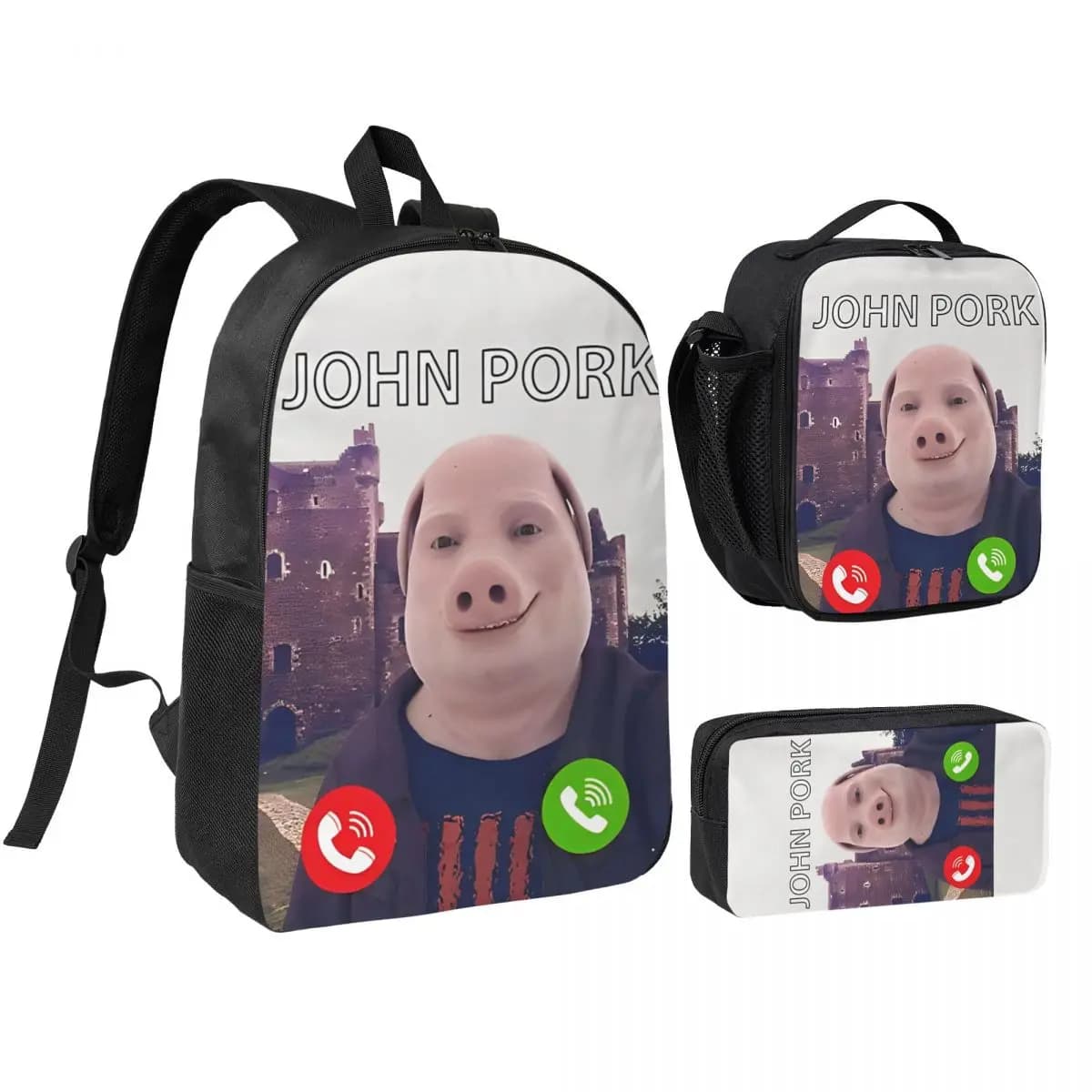 John Pork Is Calling 3pecs/set Backpack for Student Canvas Bags Lunch bag Pencil Case
