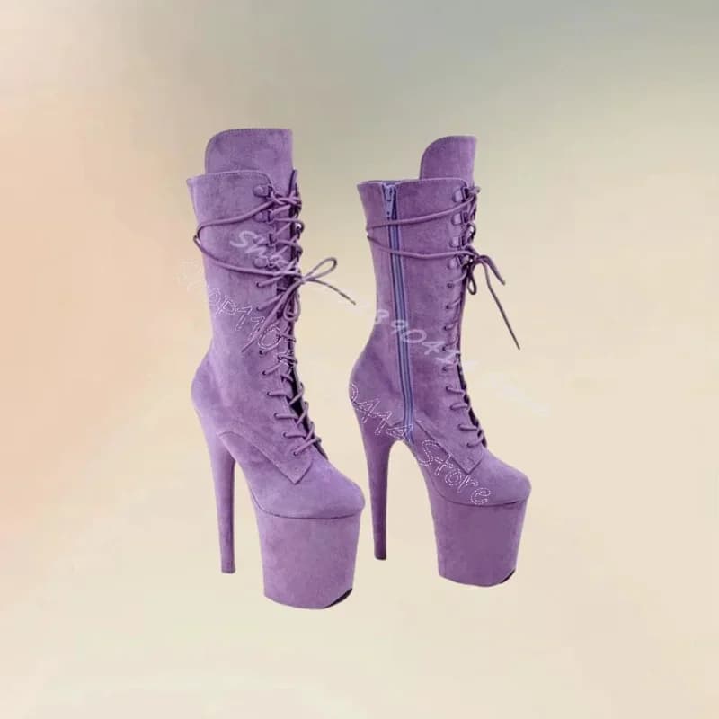 Stivali con Plateau in Camoscio Viola con Lacci Incrociati, Punta Rotonda, Cerniera Laterale, Scarpe da Donna con Tacco Alto Sottile per Feste e Banchetti 2024