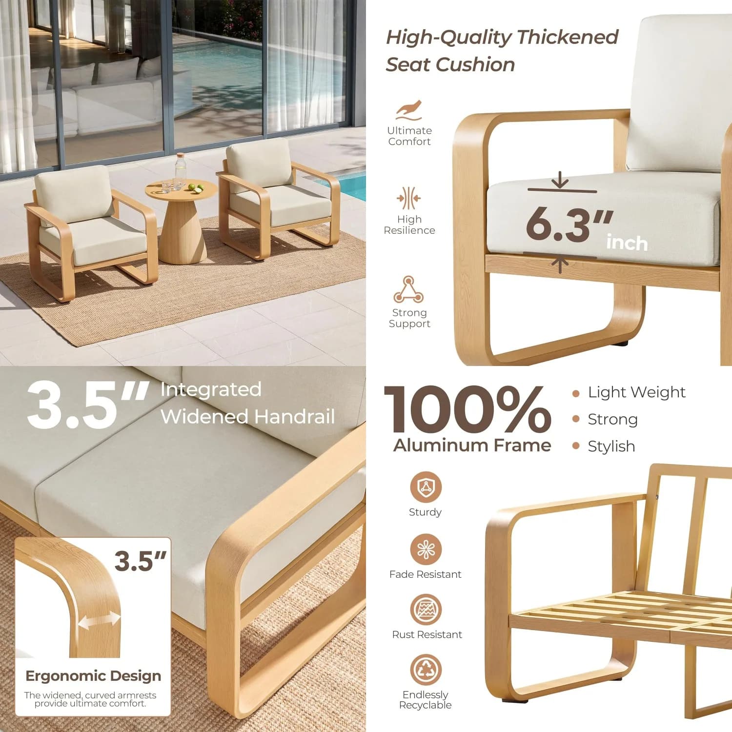 Set di 2 Sedie da Esterno con Telaio in Alluminio, Cuscini Spessi 6,3 Pollici, Divano da Patio per Bordo Piscina, Terrazza, Balcone, Personalizzabile