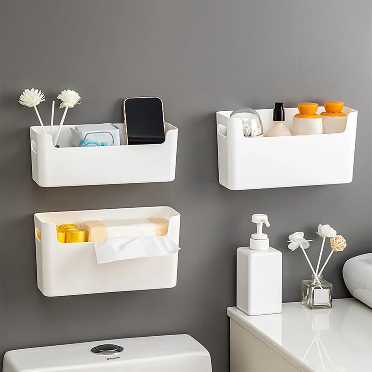 WORTHBUY Wall-mounted bathroom shelves Punch Free Toilet Bathroom supplies Storage Rack Cosmetic Organizer Hair dryer