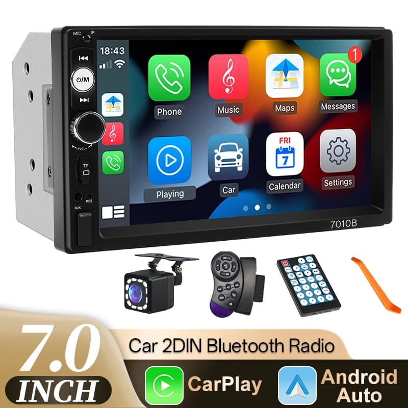 Hippcron 2Din Autoradio 7 pollici Touch Screen Carplay Android Auto Lettore multimediale video Supporto telecamera 12v Accessori auto universali