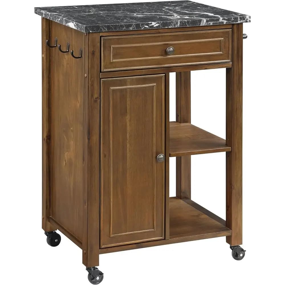 Carrello da cucina Airmont ERN Armhouse, mobiletto portaoggetti con ruote, ripiani, ganci, portasciugamani, finitura in legno di quercia con piano in marmo.
