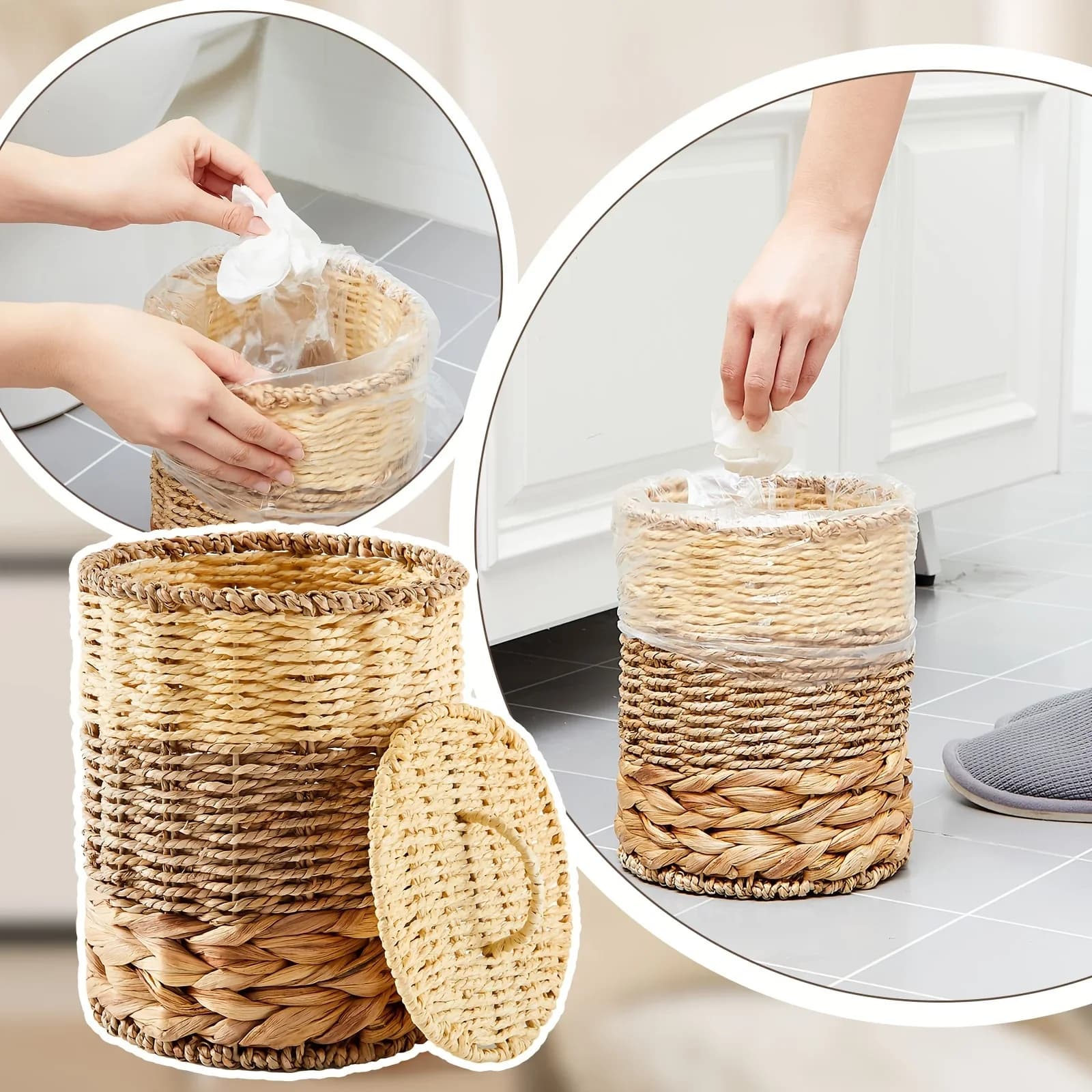 Cestino per Rifiuti da 1,3 Galloni con Coperchio e Manico, Cestino Intrecciato Boho per Bagno