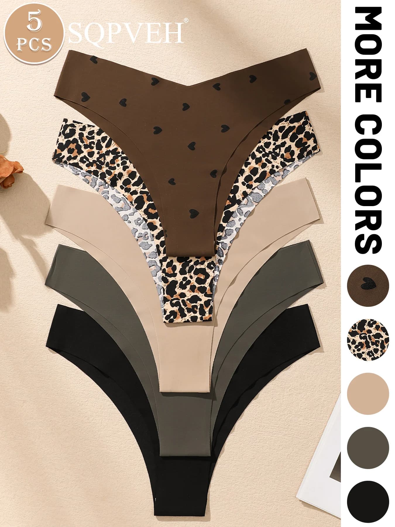5PCS V-Waist Thongs, Heart Dot Leopard Solid Mix Seamless No Show Soft Stretchy Women Daily Underwear