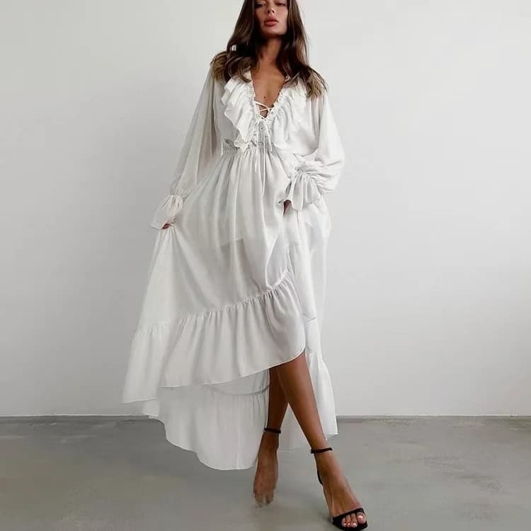 Fashionable V-neck Flared Sleeve Dress with Drawstring And Lace Hem A-line Long Summer Dress High Waist Commute Style