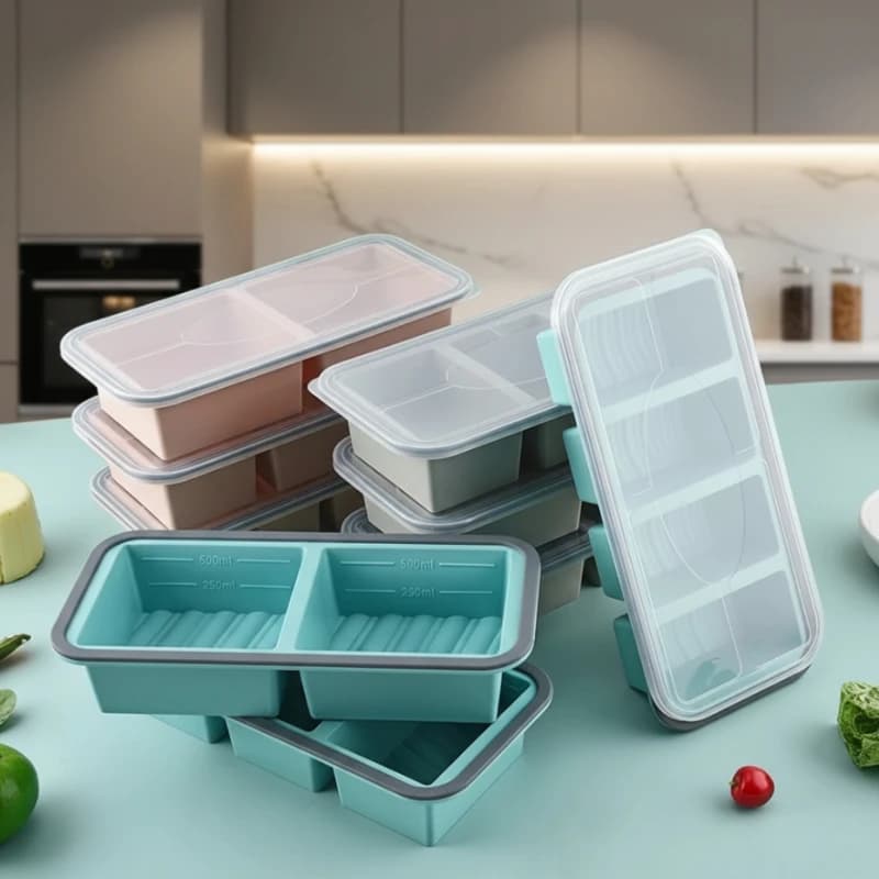 Vassoio per congelatore in silicone con coperchio-Grandi stampi per congelatore per cubetti di ghiaccio-Zuppa, salsa, avanzi, contenitori per la conservazione del congelamento della preparazione dei pasti fatti in casa