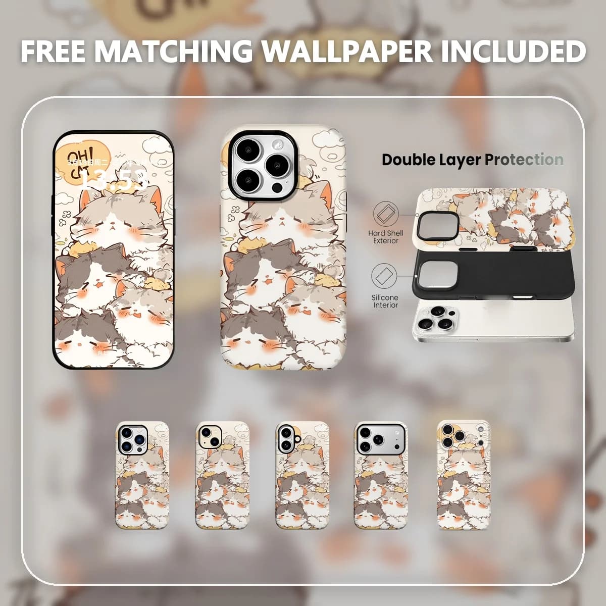 Stacked Cats Cute Cat Illustration Kawaii Art Cartoon Style Dual-Layer Hybrid Phone Case for iPhone 12-17 Series