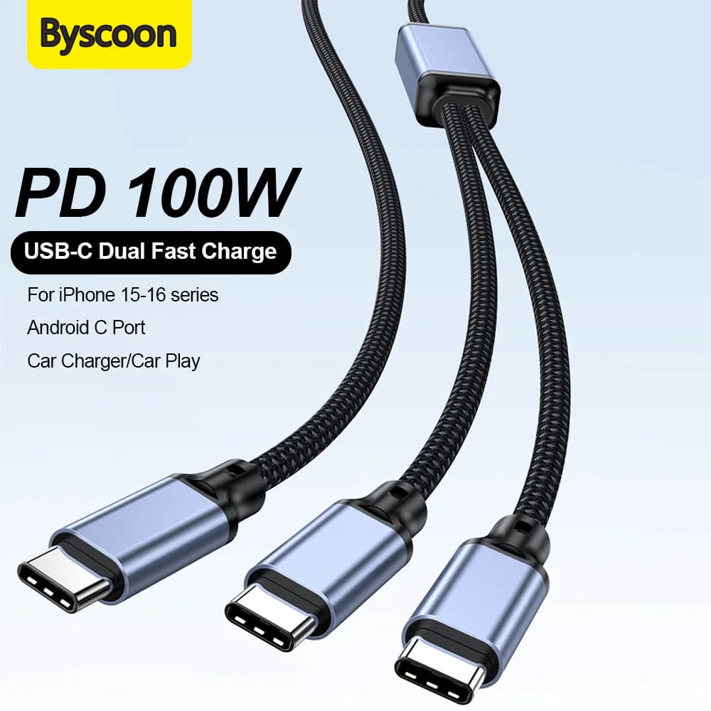 2-in-1 100W Type-C to Dual USB-C Cable 20V/5A Data Transfer Speed 480Mbps For iPhone 17-15 Series Laptops iPad Huawei Xiaomi