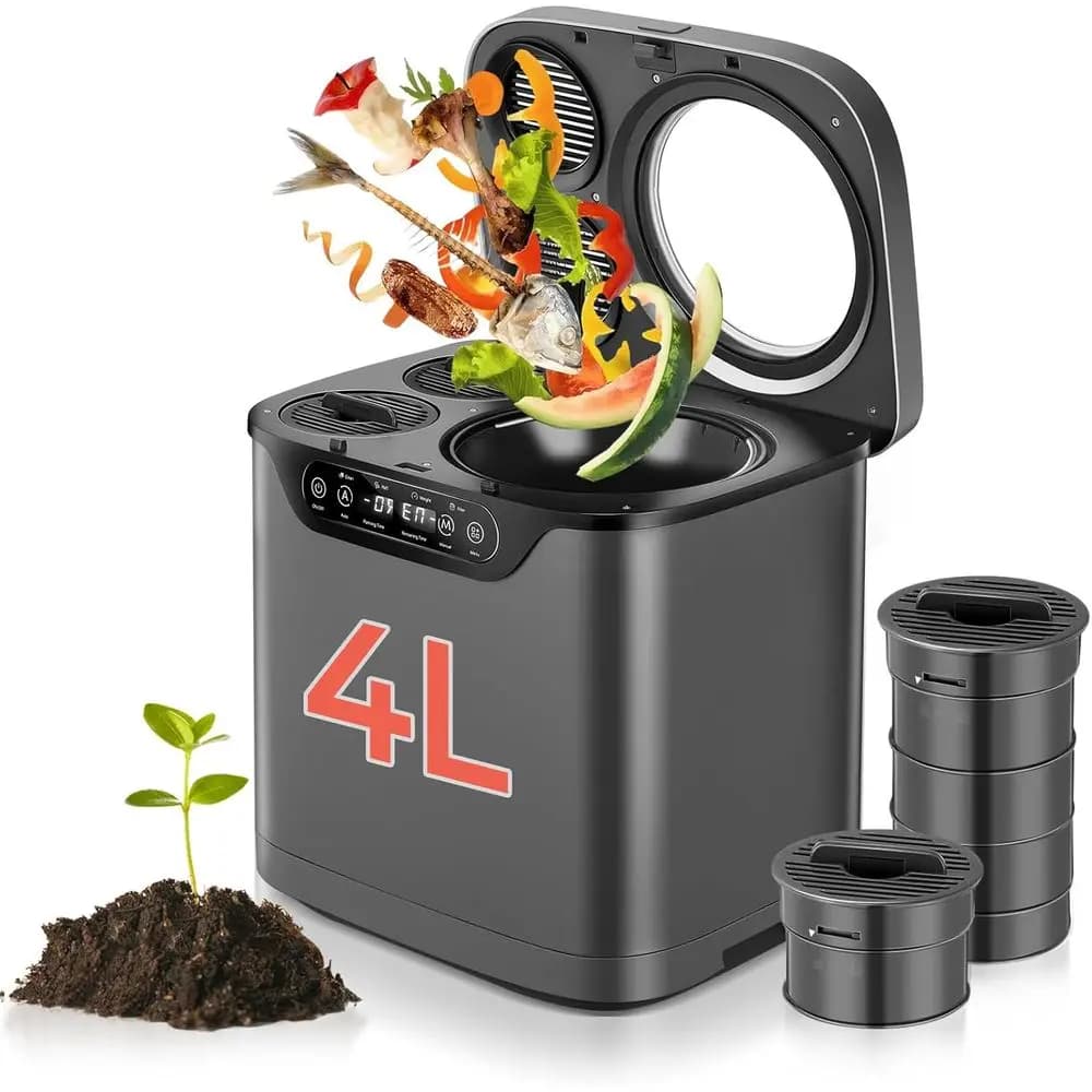 Compositore elettrico per cucina 4 litri, contenitore per compost da appoggio interno con finestra visibile, display a LED, pulizia automatica, filtro al carbone, Od