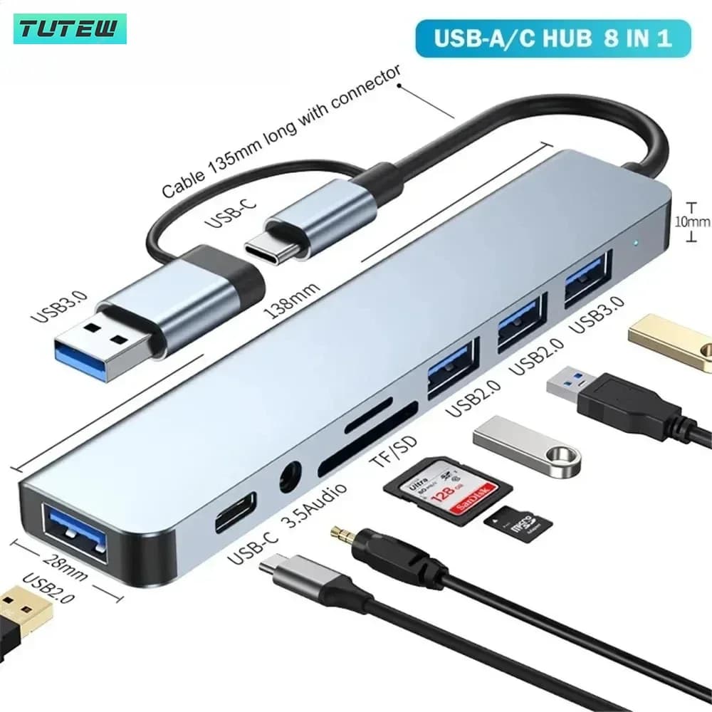 Hub USB C 8 in 1 Splitter USB Extender USB con 4 porte USB 1 porta USBC Lettore di schede TF/SD Uscita audio compatibile con MacBook