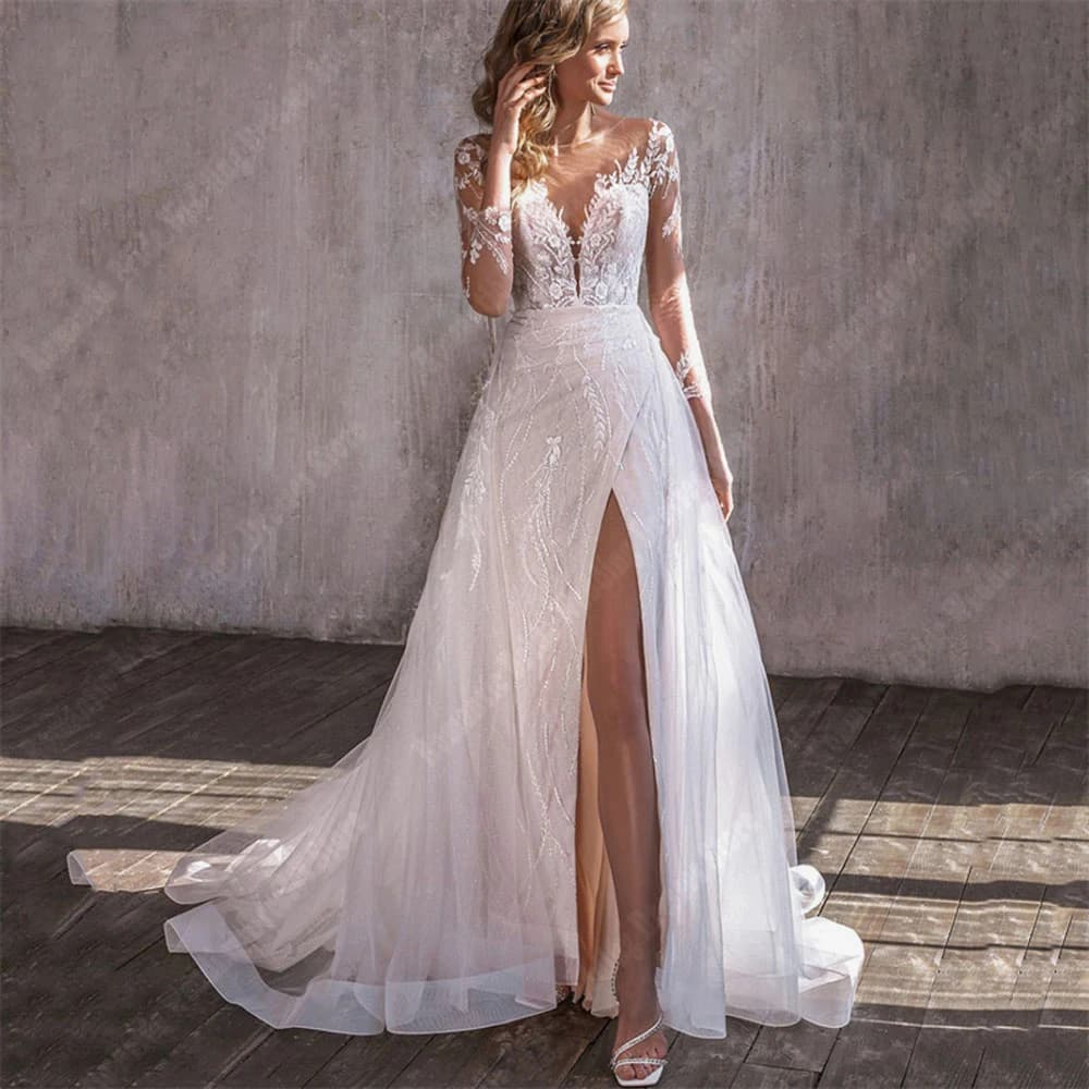 Abiti da sposa a trapezio con scollo a V profondo Abiti da sposa formali a maniche lunghe Abiti da sposa popolari con stampa floreale in pizzo Abiti da sposa personalizzati