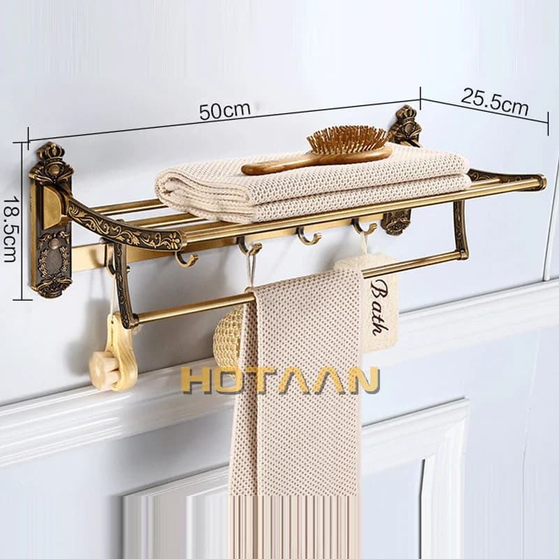 Portasciugamani da bagno pieghevole in ottone antico pieghevole in alluminio Portasciugamani da bagno attivo Doppio portasciugamani con ganci Accessori da bagno