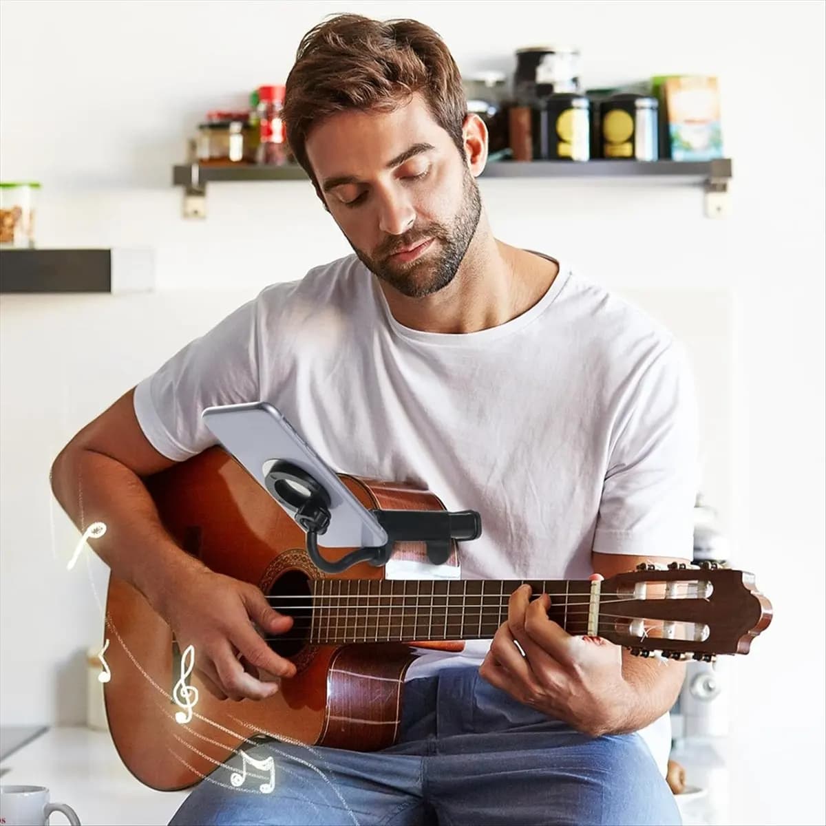 【AA85】 Supporto magnetico per telefono per chitarra Supporto per chitarra regolabile Supporto per spartiti Morsetto per supporto per chitarra da 6-8,8 cm di spessore Ukulele