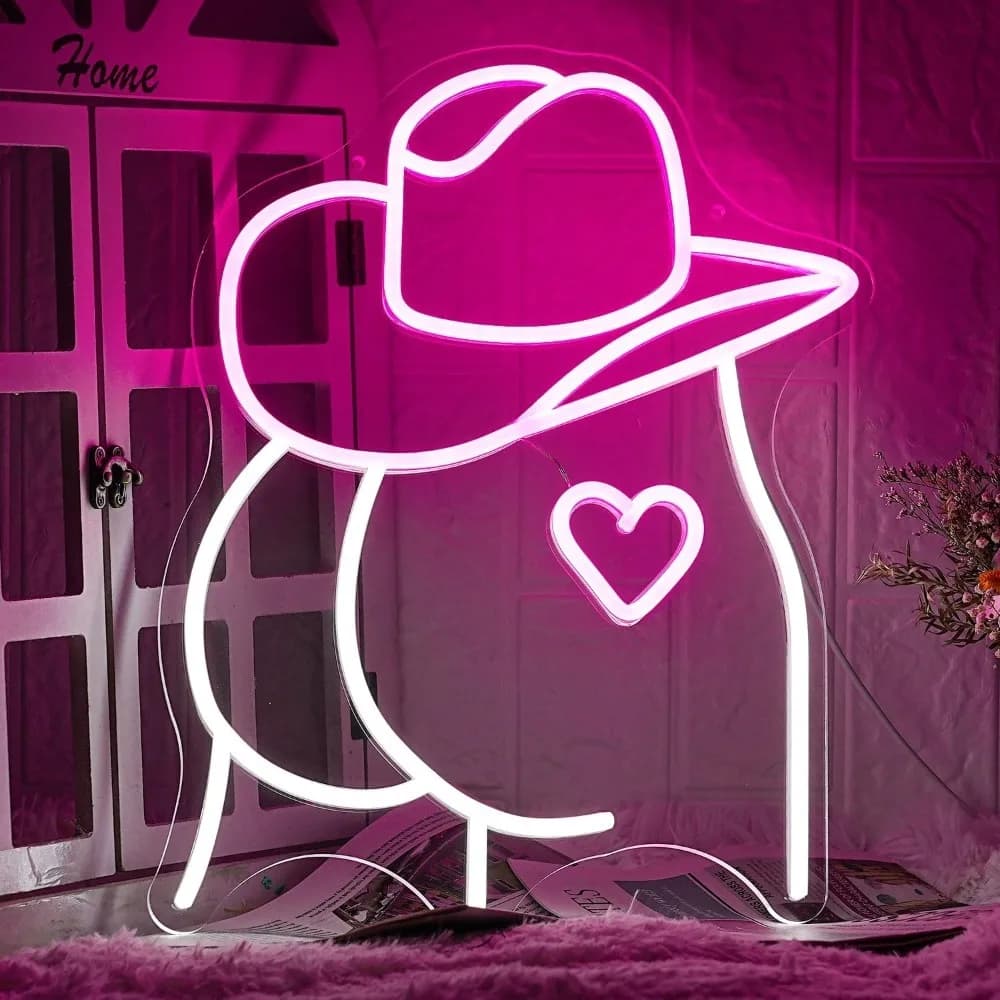 Cappello da cowboy Insegna al neon Glutei Insegna a LED per decorazione da parete Alimentato tramite USB Luce al neon sexy rosa bianca per sala da gioco Camera da letto Soggiorno Bar