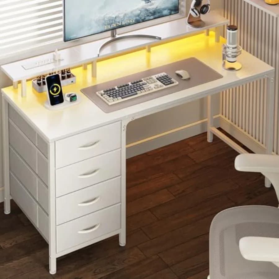 Computer Desk for Computer from 47 Inches with Current and LED Lights, Gaming Desk with 4 Drawers, Office Desk with Monitor Support, Studio and Worktation