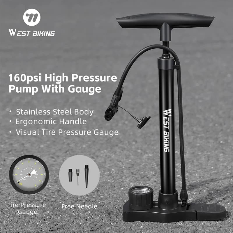 WEST BIKING Bicycle Pump 160PSI Portable Stainless Steel Bike Pump Schrader Presta Valve Inflator Mountain Road Bike Accessories