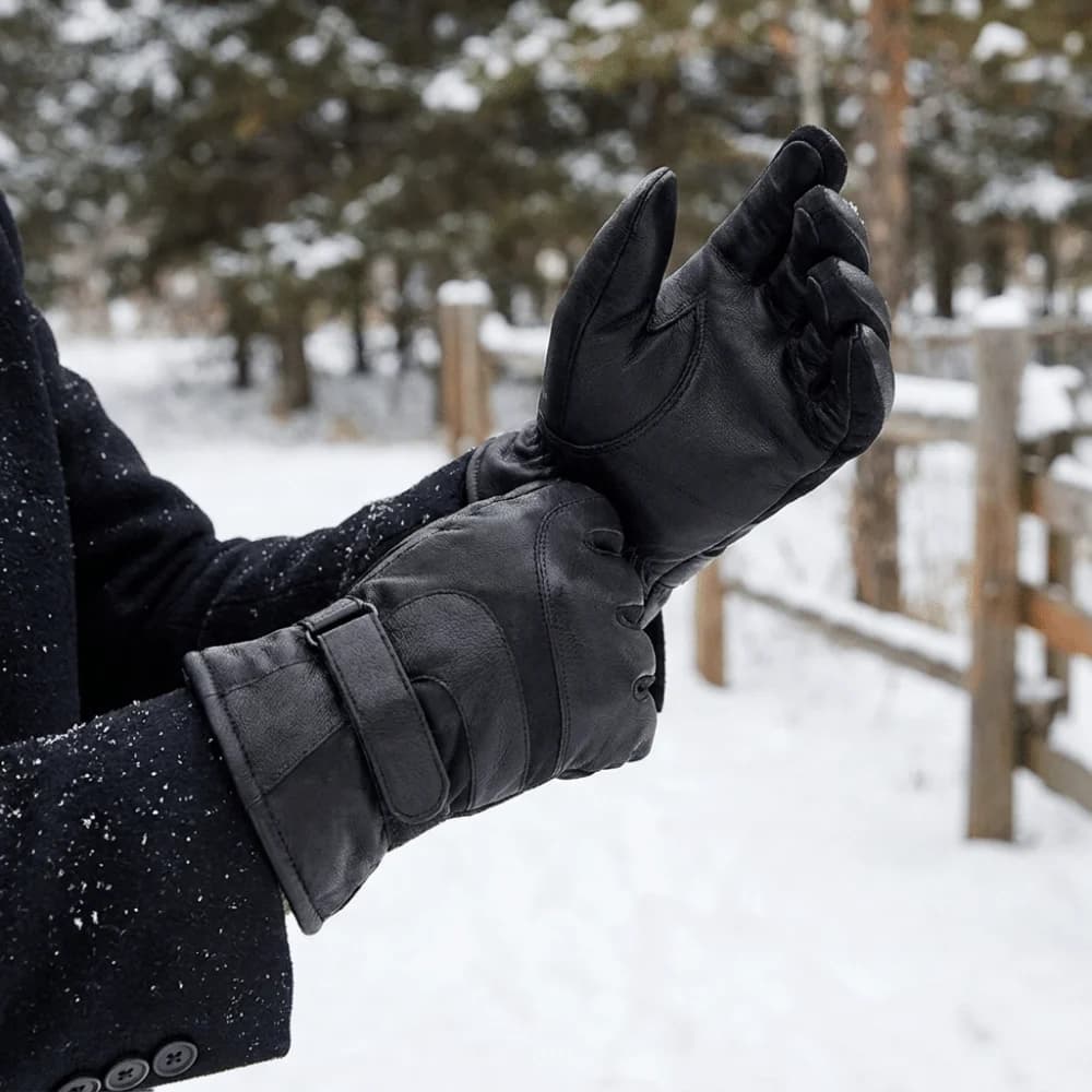 Faux Leather Winter Men Gloves Windproof Thick Fleece Lined Touchscreen Gloves Non-Slip Adjustable Cuff Strap Motorcycle Gloves