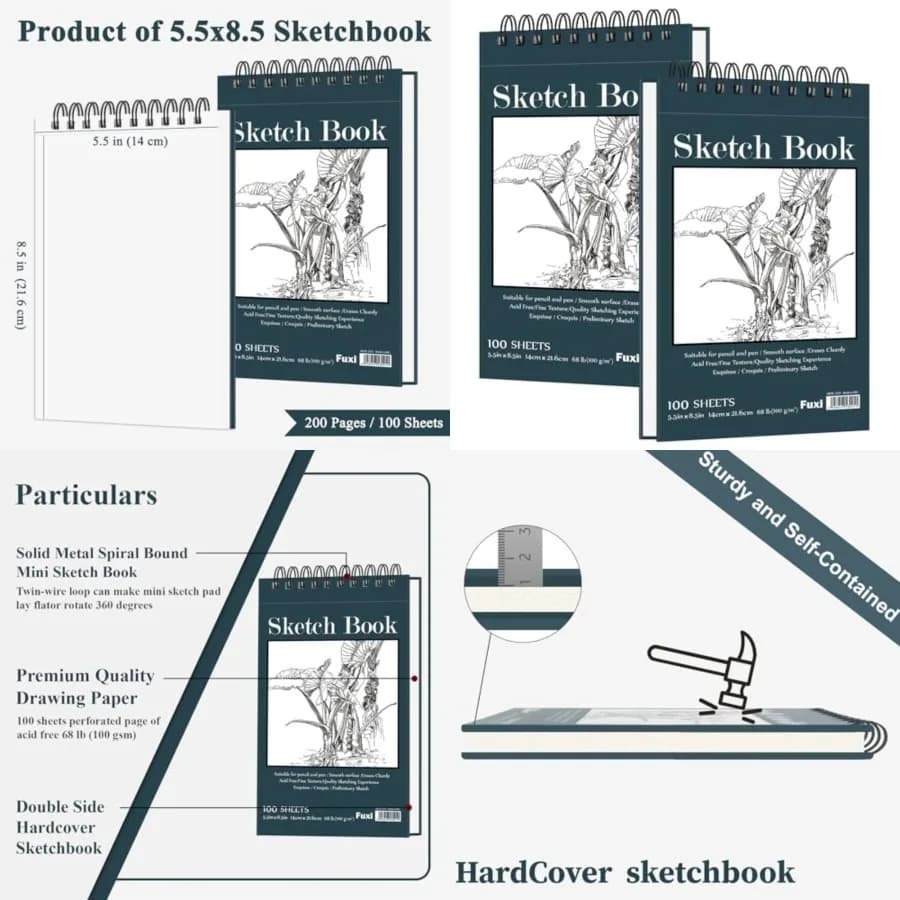 Small Sketchbook 5.5 x 8.5 - 2 Pack Top Spiral Mini Sketch Pad, Small Sketch Book Hard Cover, 100 Sheets Each 68lb/100gsm - Min