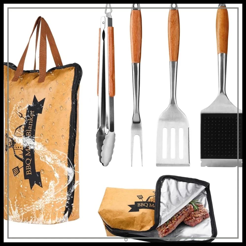 Set di Utensili per Barbecue 5-in-1 in Legno di Rosa Resistente con Borsa Termica, Coperta Riutilizzabile per Affumicatura, Regalo Ideale per Uomini