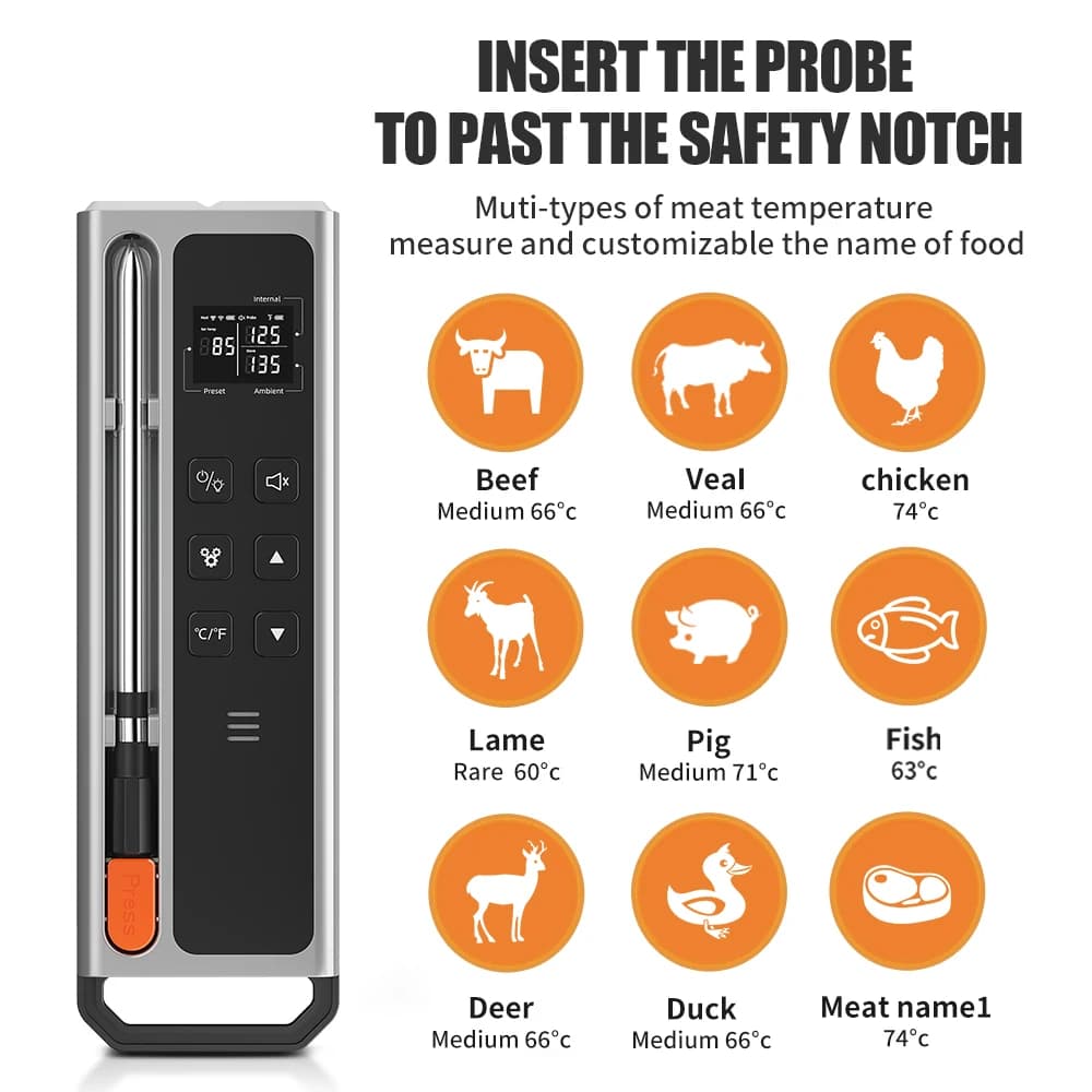 Termometro per carne wireless Termometro digitale con sonda Bluetooth con schermo LCD e monitoraggio remoto APP per barbecue, forno, fumatori