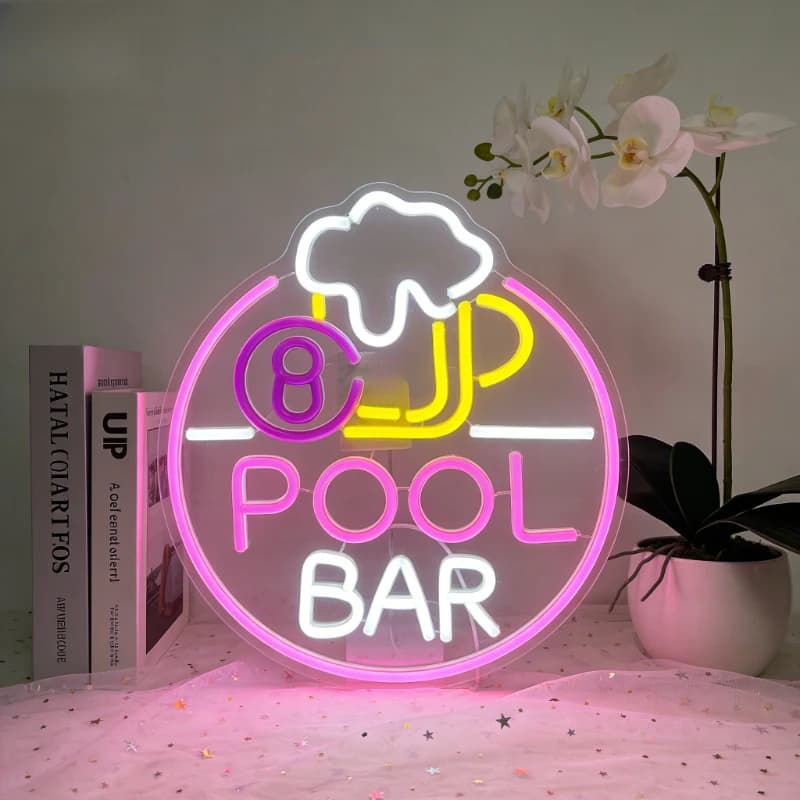 Insegna al Neon LED per Bar a Tema Piscina, Luce Notturna 3D in Acrilico, Boccale da Birra con Palla 8, Ricaricabile USB, Decorazione per Pub, Casa, Sala Giochi, Man Cave, Arte da Parete, Regalo