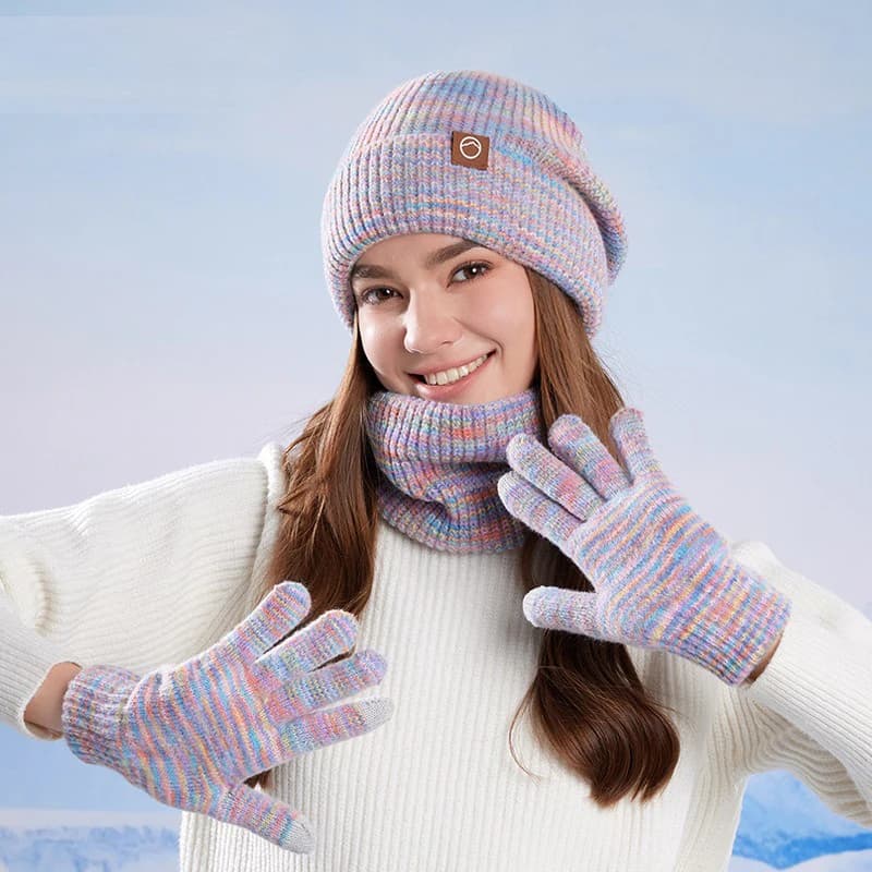 Cappello lavorato a maglia da donna Berretto invernale Cappello resistente al freddo Sciarpa Guanti Set Cappello caldo antivento da esterno adatto per sci Set da ciclismo