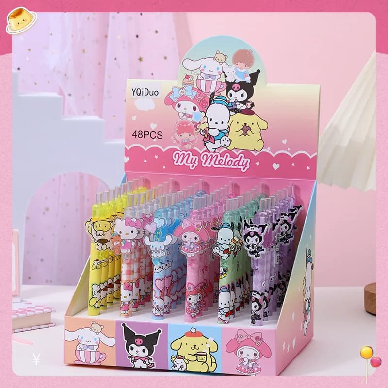 48 penne gel Kuromi KT My Melody Cinnamoroll per studenti, con punta a pressione, nere, 0,5 mm, articoli di cancelleria scolastica, vendita all'ingrosso.