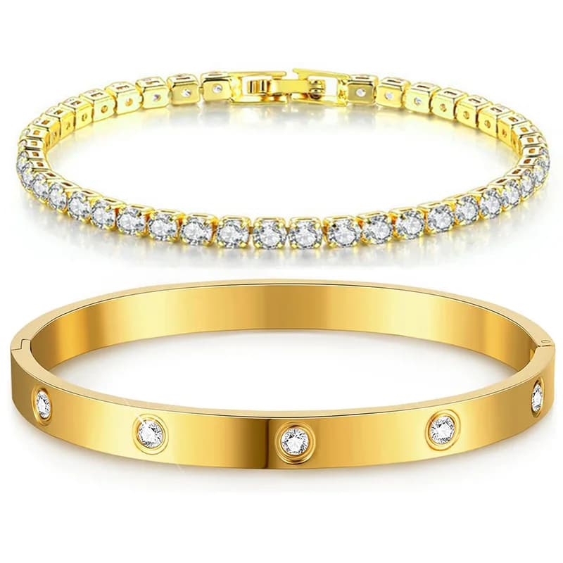 Braccialetti in oro impilabili Braccialetti per donne Ragazze Bracciale tennis con zirconi placcati in oro 14 carati Regali di gioielli in acciaio inossidabile