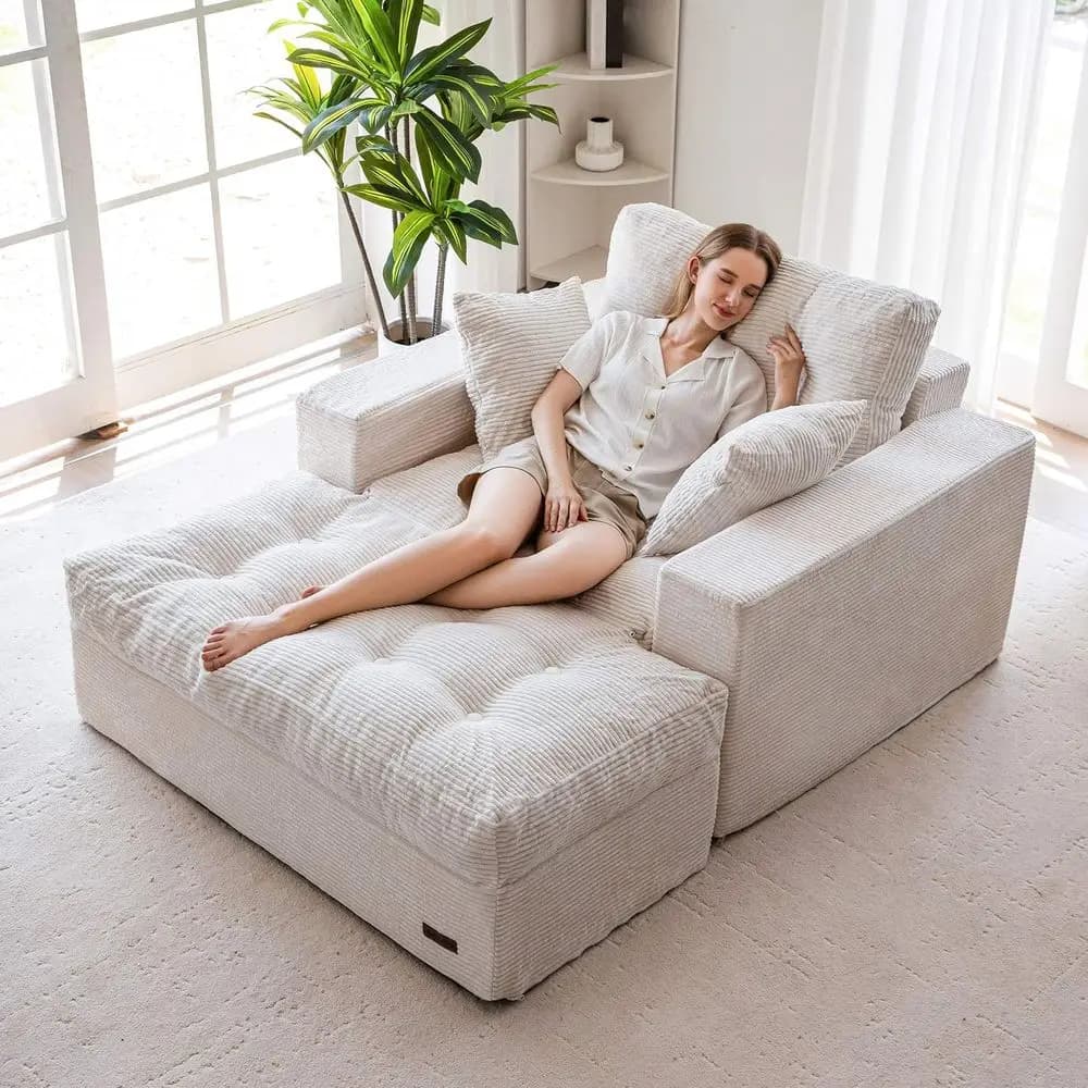 Divano Chaise Longue di Lusso Oversize, Poltrona Imbottita in Peluche con 3 Cuscini, Divano Trapuntato con Pouf, Seduta Profonda e Confortevole